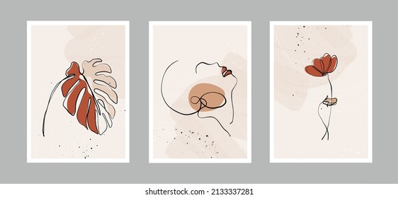 Modern abstract line minimalistic  women faces, flower, leaves and arts background with different shapes for wall decoration, postcard or brochure cover design. Vector design.