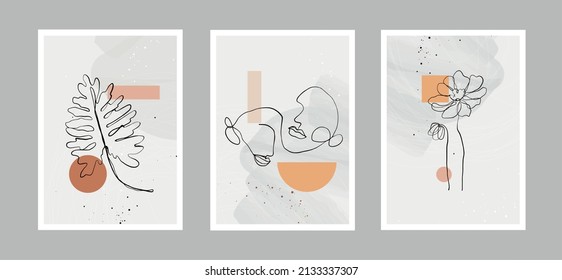 Modern abstract line minimalistic  women faces, flower, leaves and arts background with different shapes for wall decoration, postcard or brochure cover design. Vector design.