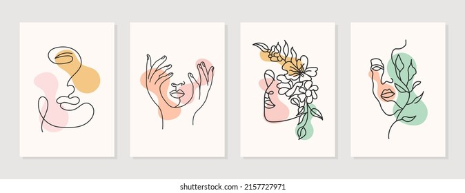 Modern abstract line minimalistic women faces arts set with different shapes for wall decoration, postcard or brochure cover design. Different woman faces. One line art. Vector illustrations design