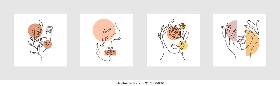 Modern abstract line minimalistic women face arts poster set with different geometric figure on background postcard or brochure cover design. Different woman faces. One line art. Vector illustrations