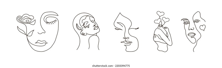 Modern abstract line minimalistic women faces arts set, postcard or brochure cover design. Different woman faces. One line art. Vector illustrations design