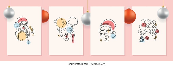 Modern abstract line minimalistic women faces New Year concept for wall decoration with 3d ball, postcard or brochure cover design. Different woman faces. One line art. Vector illustrations design