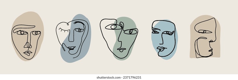 Modern abstract line minimalistic women faces arts set with different shapes for wall decoration, postcard or brochure cover design. Different woman faces. One line art. Vector illustrations design