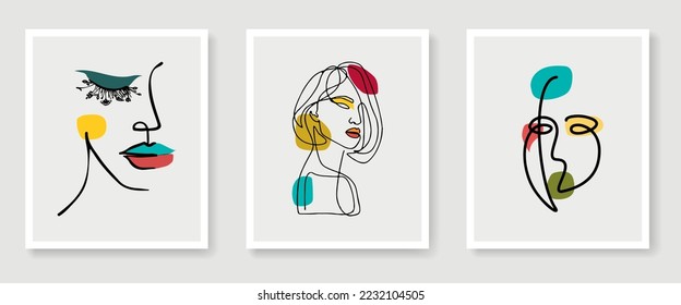 Moderna línea abstracta minimalista de las caras de las mujeres y fondo artístico con diferentes formas para la decoración de paredes, postales o diseño de portada. Diseño de ilustraciones vectoriales.