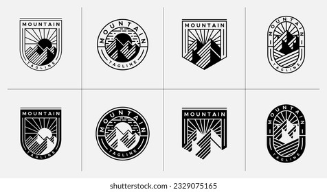 Modern abstract line sun mountain emblem logo. Luxury sunrise mountain peak logo.