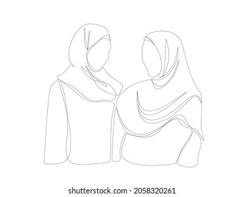 Retrato lineal abstracto moderno de mujeres musulmanas con hiyab. Mujer con la cabeza cubierta. El concepto de igualdad, feminismo. Gráficos vectoriales.