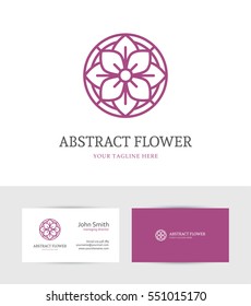 Modern Abstract Linear Purple Flower Logo And Business Card Design Template For Beauty Salon, Spa Or Cosmetics Design Concept