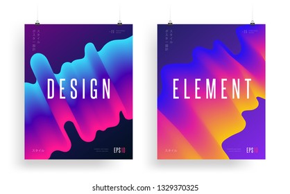 Modern abstract liquid flow shape. Gradient wave forms background with message. Small japanese text (translation: «poster design style»). Futuristic poster, flyer EPS 10 vector illustration