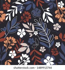 Modern abstract little flowers and leaves endless wallpaper. Dark folk floral seamless pattern. Botanical background. Trendy fabric design, wrapping paper. Vector illustration