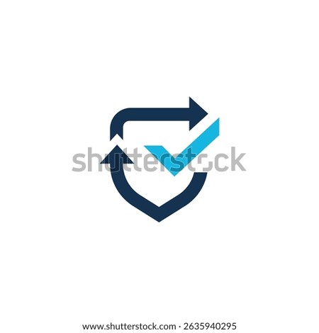 A modern and abstract logo combining a dark blue shield shape formed by rounded arrows moving clockwise with a light blue checkmark integrated within the protected area. 