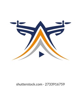 A modern abstract logo combining a drone silhouette with an "A" shape and a play button, featuring blue, orange, and grey colors.