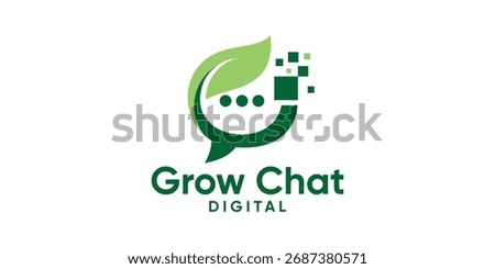 Modern abstract logo combining a green leaf and digital chat bubble symbolizing eco communication, growth, and technology.