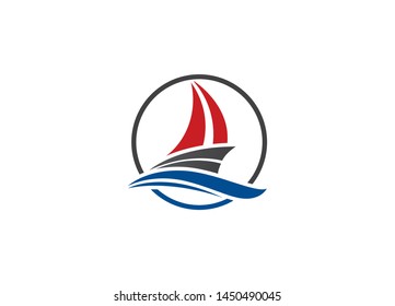 Modern abstract logo design featuring a stylized sailboat on blue waves within a circular frame