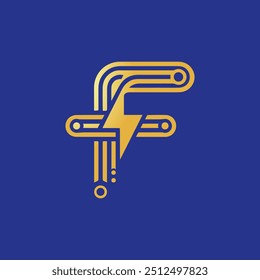 Modern abstract logo design featuring a stylized "F" on a blue background. The gold and blue colors convey professionalism and innovation, suitable for tech or corporate branding.
