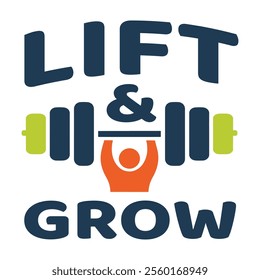 Modern abstract logo design featuring geometric barbell, person lifting weights, bold sans-serif text 'Lift and Grow', blue and orange colors, fitness, gym, strength, growth, minimal style.