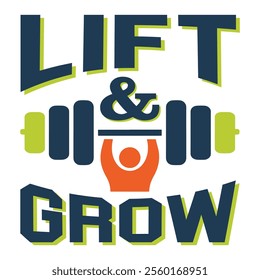 Modern abstract logo design featuring geometric barbell, person lifting weights, bold sans-serif text 'Lift and Grow', blue and orange colors, fitness, gym, strength, growth, minimal style.