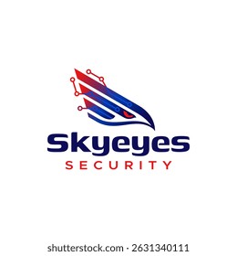A modern abstract logo design featuring an eagle, with the words "Skyeyes Security". The logo uses a gradient color scheme of blue and red. This artwork is suitable for security companies, technology 