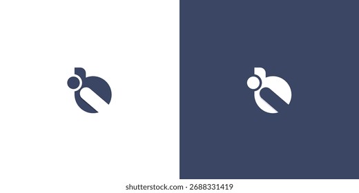 Diseño de logotipo abstracto moderno con una letra estilizada B o I, presentada en azul oscuro sobre blanco y blanco sobre azul oscuro. Marca limpia, mínima y versátil.