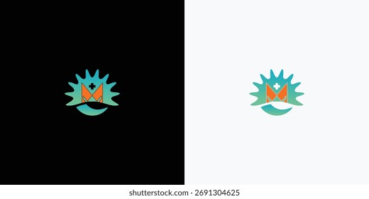 A modern and abstract logo design featuring the letter M, combined with a wave-like element and a plus symbol, ideal for medical or healthcare-related businesses