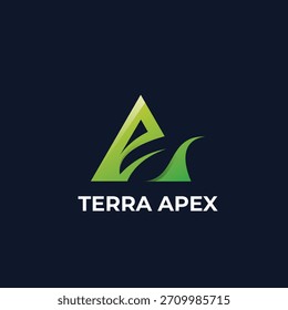 Un diseño de logotipo moderno y abstracto con la letra 'A' formada por un triángulo verde prominente. Una hoja estilizada o hoja de hierba se integra a la perfección