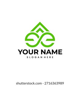 Un diseño moderno y abstracto del logotipo que presenta un símbolo de infinito verde entrelazado con una forma de flecha que apunta hacia arriba, lo que sugiere crecimiento y continuidad. Los textos 'TU NOMBRE' y 'ESLOGAN AQUÍ' se colocan a continuación.