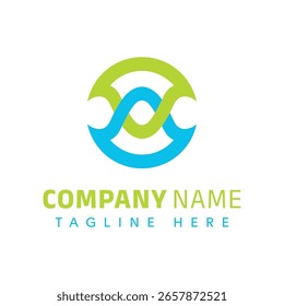 Modern Abstract Logo Design: Intertwined Blue and Green Waves in a Circular Frame.