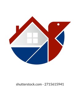 Logotipo abstrato moderno com forma de pássaro e casa, representando imobiliário, desenvolvimento de propriedade, serviços de casa e negócios de construção. Design geométrico limpo adequado para a identidade da marca e da empresa.