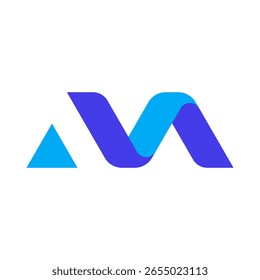 A modern, abstract logo featuring a blue triangle followed by a flowing, intertwined shape resembling the letter "M," in varying shades of blue and purple