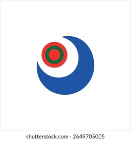 A modern, abstract logo featuring a bold blue crescent shape resembling an eye, combined with concentric red and green circles in the center.