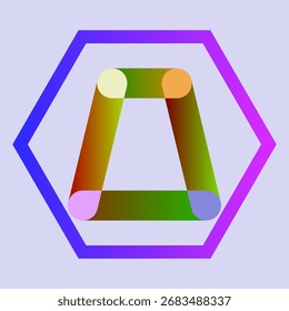 Un moderno logotipo abstracto con un audaz contorno hexagonal con una colorida forma geométrica degradada en el interior. El efecto 3D y los tonos vibrantes simbolizan la creatividad, la innovación.