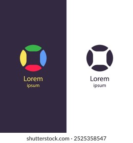 Logotipo moderno abstrato com segmentos coloridos quarto-círculo formando um quadrado arredondado. Ideal para marcas, empresas de tecnologia, design criativo e identidade corporativa.
