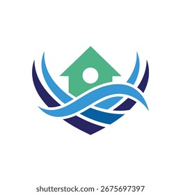 A modern and abstract logo featuring a house icon surrounded by flowing wave-like shapes, representing home, water, and protection.