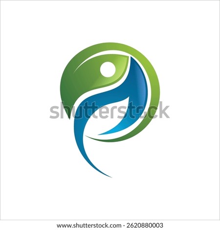 Modern abstract logo featuring a human figure integrated with a leaf inside a circular shape. The green and blue color scheme represents health, vitality, nature, and balance. Ideal for businesses in 