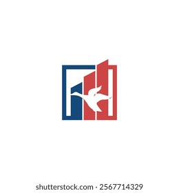 A modern and abstract logo featuring a stylized goose flying over a bar graph, all enclosed within a square frame. The color palette is bold and uses red, blue, and white