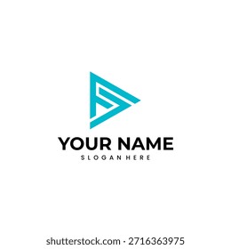 Un logotipo moderno y abstracto con un triángulo azul estilizado que se asemeja a un Botón de juego, con Formas geométricas integradas que forman las letras 'FS'. Los textos 'TU NOMBRE' y 'ESLOGAN AQUÍ' se muestran a continuación.
