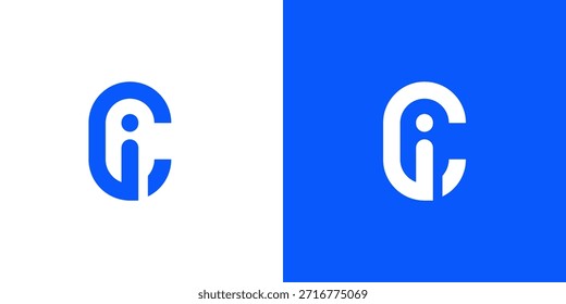 Ein modernes abstraktes Logo mit den stilisierten Buchstaben C und I verflochten, präsentiert in Blau auf Weiß und Weiß auf Blau Versionen. Ideal für digitales Branding, App-Symbole oder Unternehmensidentität.