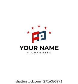 Um logotipo moderno e abstrato com duas formas geométricas, uma vermelha e uma azul, assemelhando-se a letras ou símbolos, com cinco estrelas vermelhas acima. Abaixo do logotipo, o texto "SEU NOME" e "SLOGAN AQUI" é exibido.