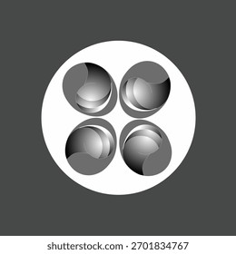 Modern abstract logo with four metallic gradient shapes inside a white circle on a dark background