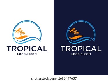 Vector abstracto moderno del icono del logotipo de la playa tropical con las palmeras