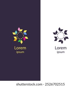 Logotipo abstracto moderno que se asemeja a una explosión de estrellas o una flor con segmentos multicolores en rosa, azul, amarillo y verde que rodean un núcleo circular discontinuo. Diseño elegante y versátil.