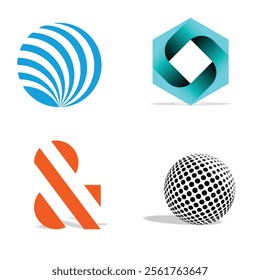 Modern Abstract Logo Set Featuring Blue Wave Pattern, 3d Hexagon Shape, Orange Ampersand Symbol, and Dotted Sphere Design, Unique Branding Elements For Business, Technology, and Creative Industries