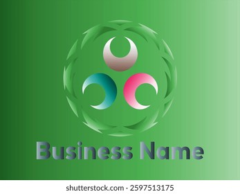 Modern abstract logo with three crescent shapes, green background. Ideal for branding.