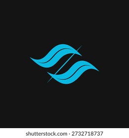 Modern abstract logo with two symmetrical blue wavy shapes resembling leaves or wings, intersected by a subtle diagonal line, set against a dark black background. Ideal for branding.
