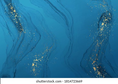 Modern abstract luxury background design or card template for birthday greeting or wallpaper or poster with navy blue watercolor waves or fluid art in alcohol ink style with golden splashes.
