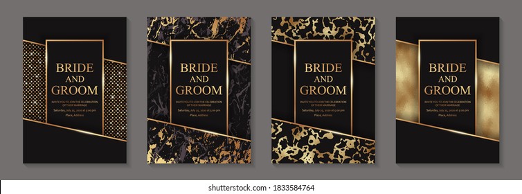 Modern Abstract Luxury Background Design Or Card Template For Birthday Greeting Or Wedding Invitation Or Poster With Golden Textures And Glitter On A Black Background.