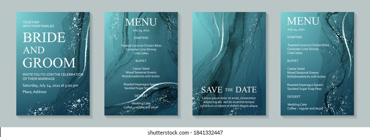 Modern abstract luxury background design or card template for birthday greeting or wallpaper or poster with navy blue watercolor waves or fluid art in alcohol ink style with silver splashes.