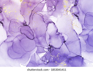 Modern abstract luxury background design or card template for birthday greeting or wallpaper or poster with purple watercolor waves or stains or fluid art in alcohol ink style with golden glitter.
