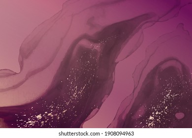 Modern abstract luxury background design or card template for birthday greeting or wallpaper or poster with pink watercolor waves or fluid art in alcohol ink style with rose gold splashes.