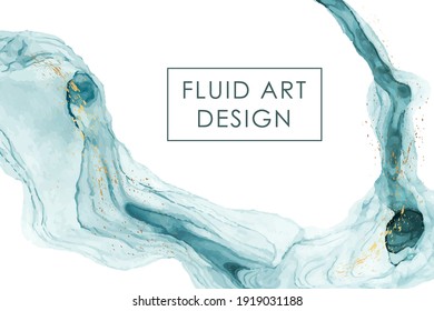 Modern abstract luxury background design or card template for birthday greeting or wallpaper or poster with blue watercolor wave or fluid art in alcohol ink style with golden splashes on a white.