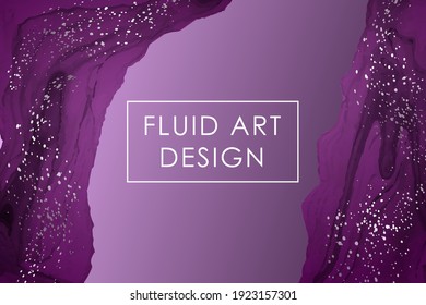 Modern abstract luxury background design or card template for birthday greeting or wallpaper or poster with purple watercolor waves or fluid art in alcohol ink style with pink glitter.